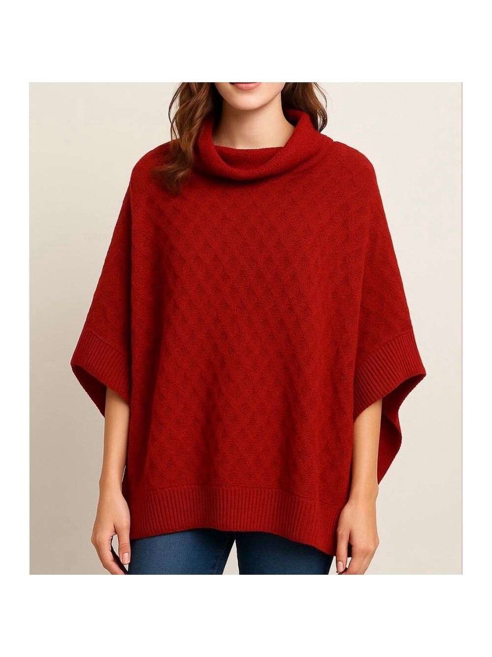CHICO'S popcorn funnel neck Chianti poncho cape open stitch royal red S/M NEW